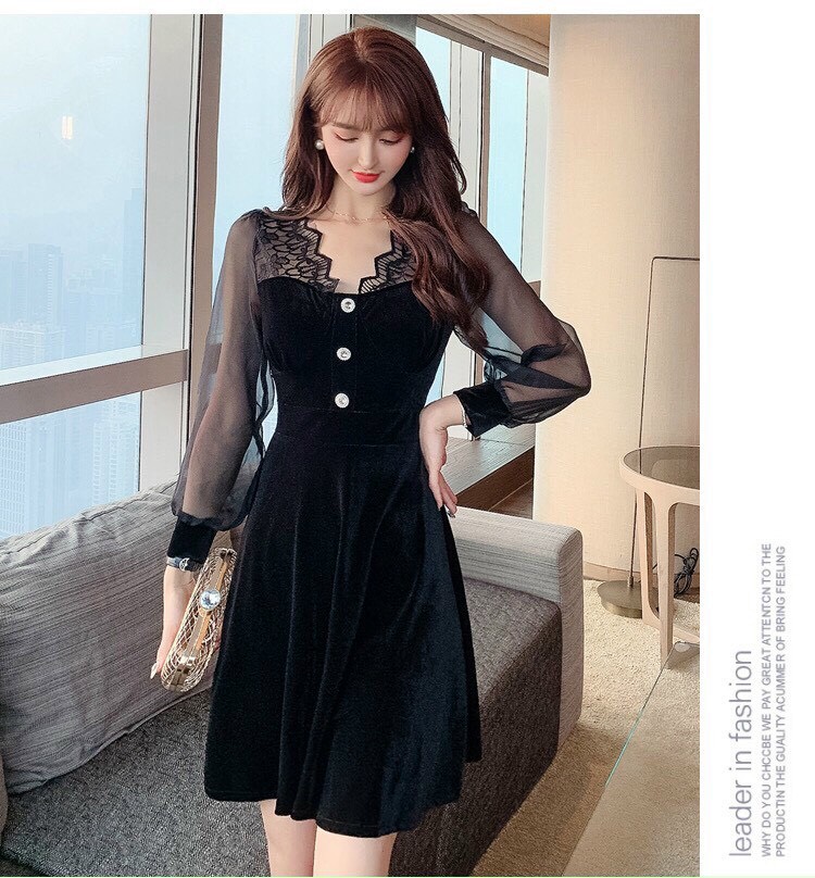 Đầm Nhung Cổ Ren 3 Nút - HN1024